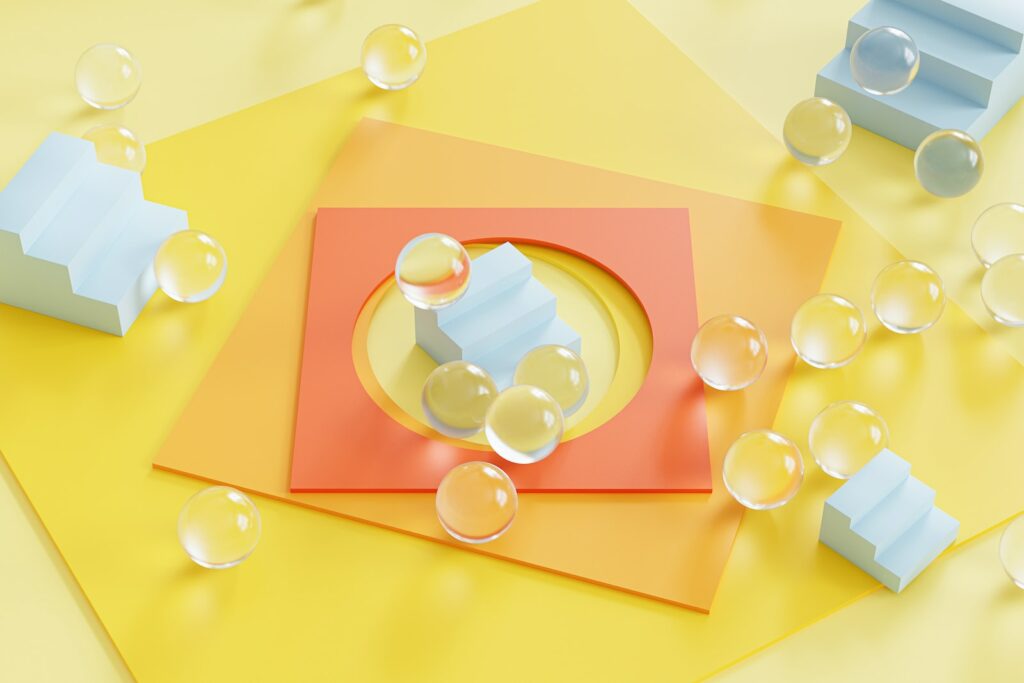 a yellow and orange background with soap bubbles